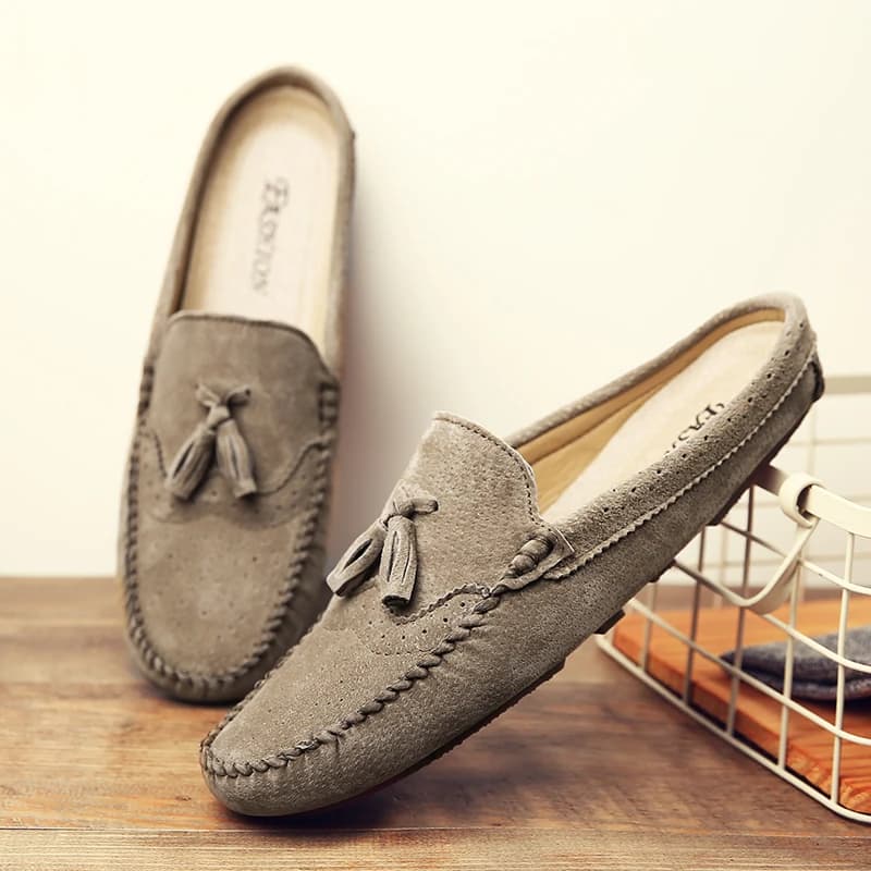 Demi-pantoufles en daim de haute qualité pour hommes, chaussures décontractées en cuir véritable, mo