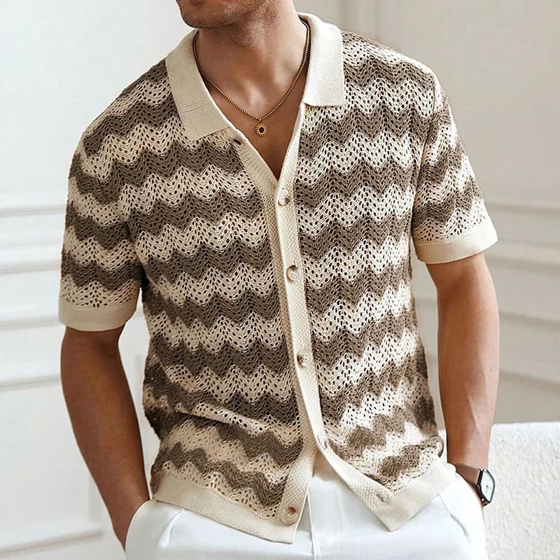 Nouveaux hommes Cardigan T-shirt évider rayé tricot Polo décontracté boutonné haute qualité Streetwe
