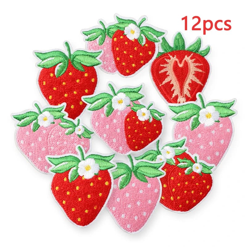 Lot de 12 patchs mignons en forme de fraises pour vêtements, sacs à dos, brodés, thermocollants, rou