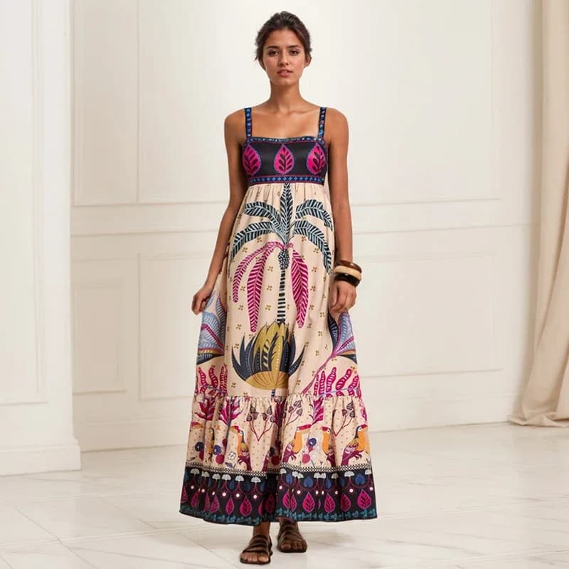 Robe d'été style bohémien, imprimé plantes et fleurs, Leader carré, blocage de couleur, sans manches