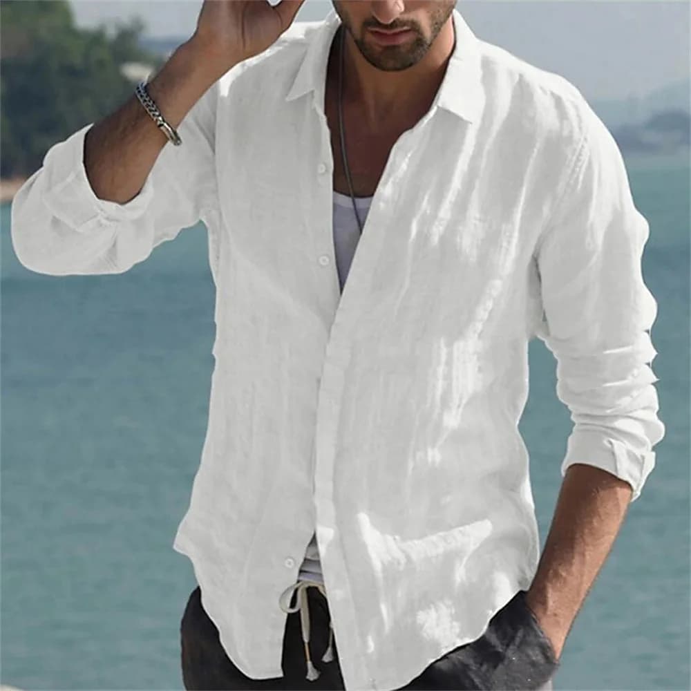 Chemises à manches longues pour hommes, col montant de couleur unie, style de plage décontracté, off