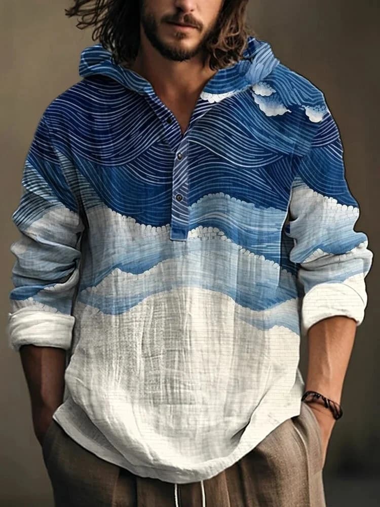Chemise à capuche en lin motif vague marine d'art japonais vintage, Nouvelle mode automne 2026, Blou