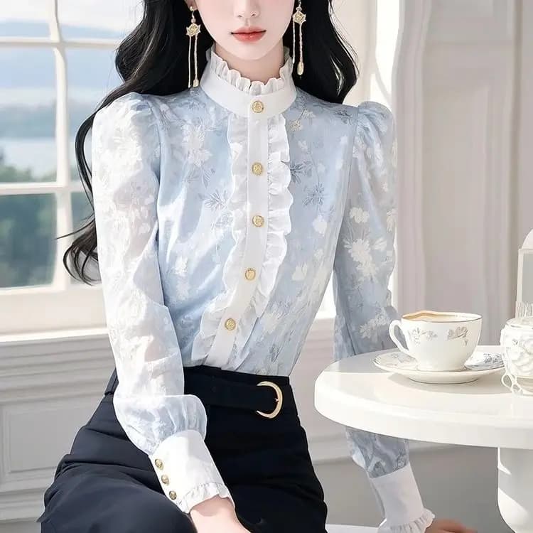 Chemise en mousseline de soie florale bleue avec oreilles pour femmes, nouveau haut Patchwork, Chic,