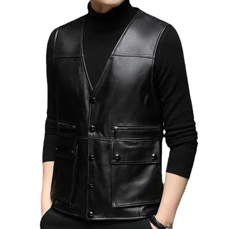 Gilet de moto en cuir véritable pour hommes, veste sans manches de motard, gilet pare-balles, gilet
