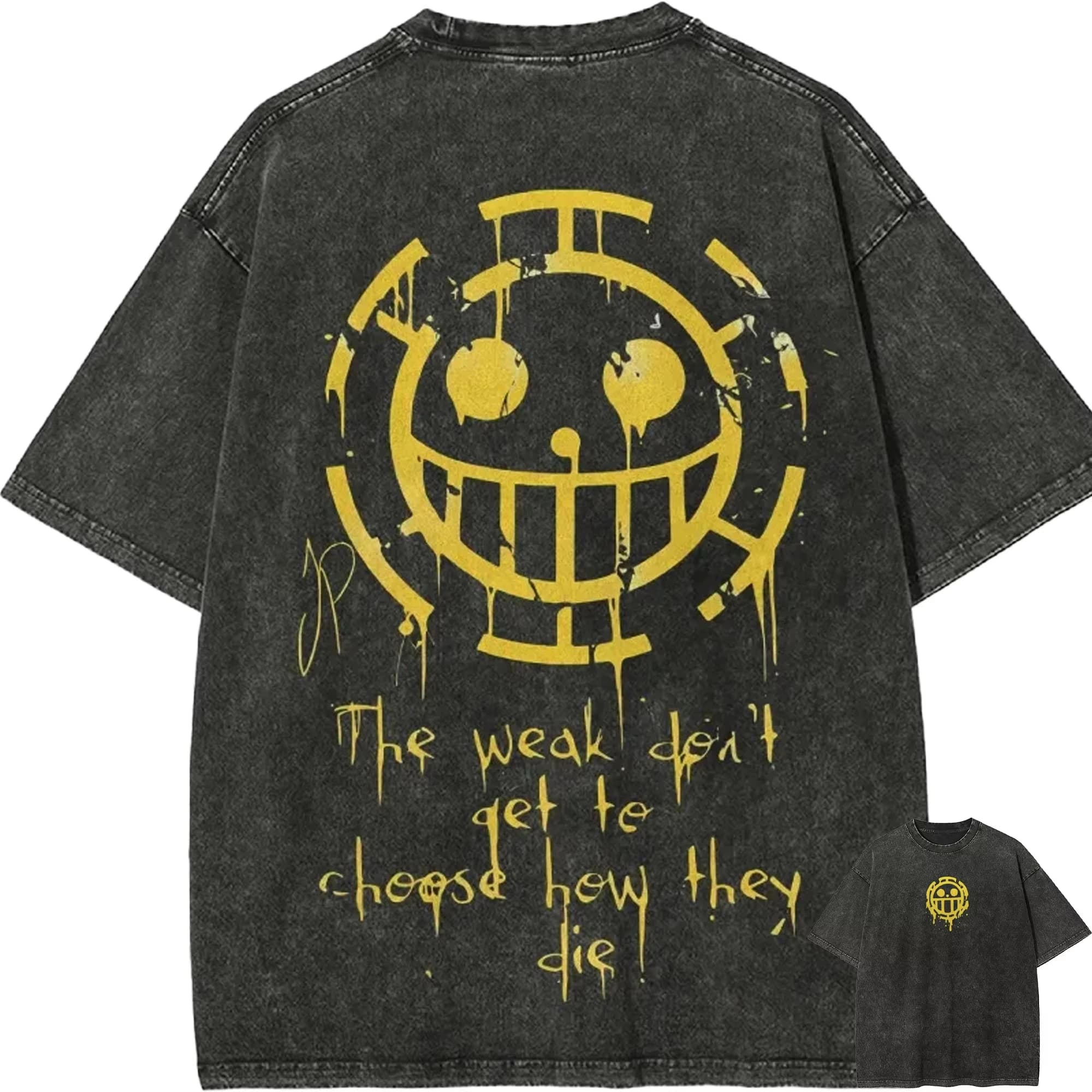 T-shirt Trafalgar Law One Piece Heart Pirates Vintage Acid Wash Streetwear Respirant Rétro Anime Gra
