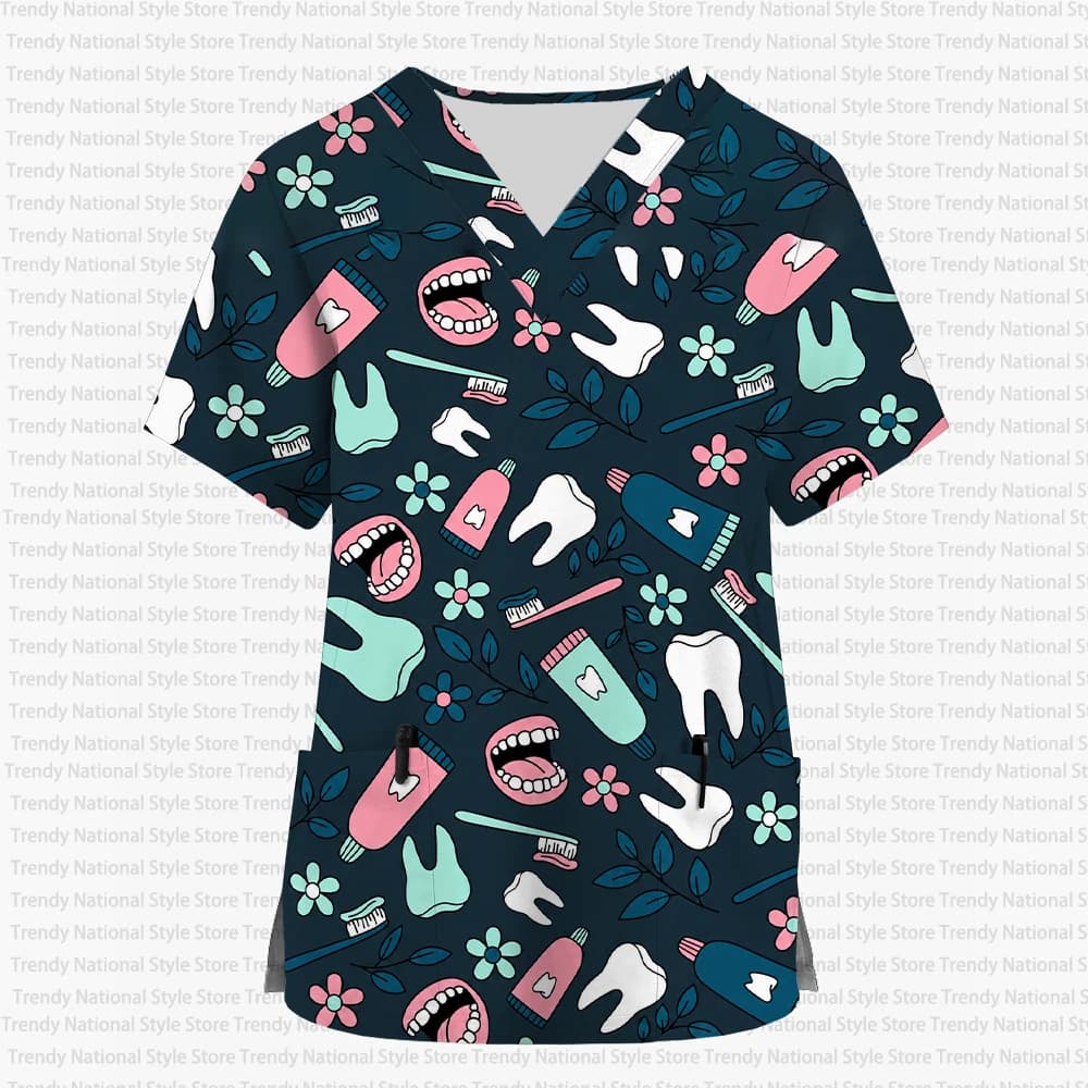 Nouveau style de blouse d'uniforme de travail pour infirmière vétérinaire avec imprimé dentaire, cli