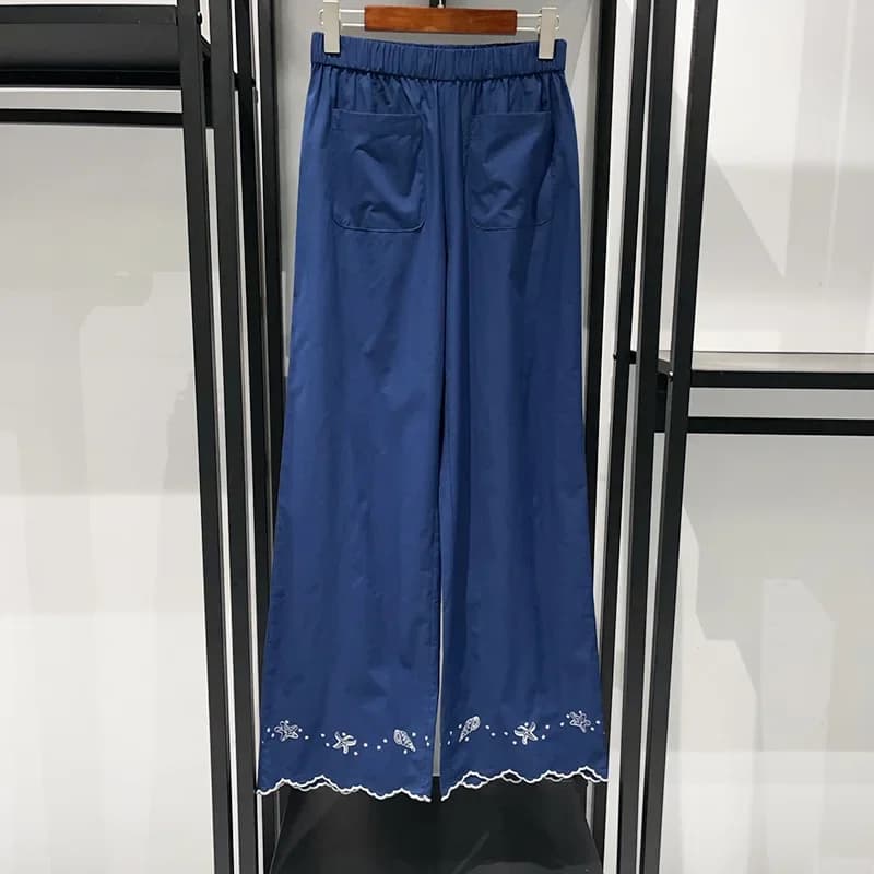 Ensemble femme chemise brodée ajourée à lacets à manches courtes ou pantalon droit à taille élastiqu