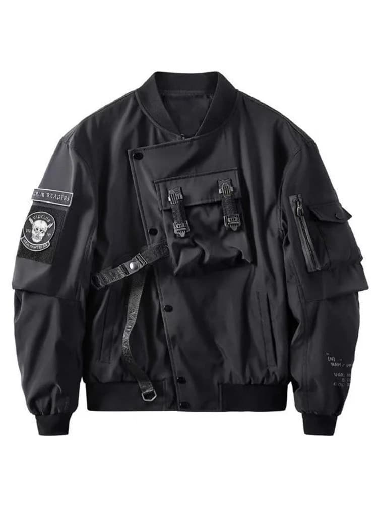 God of Death Bomber Jacket Poitrine Poche Techwear Hommes Punk Hip Hop Tactique Streetwear Noir Vars