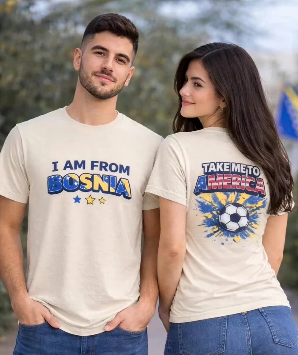 T-shirt de supporter de football de Bosnie « I Am From Bosnia Take Me To America » – Collection été