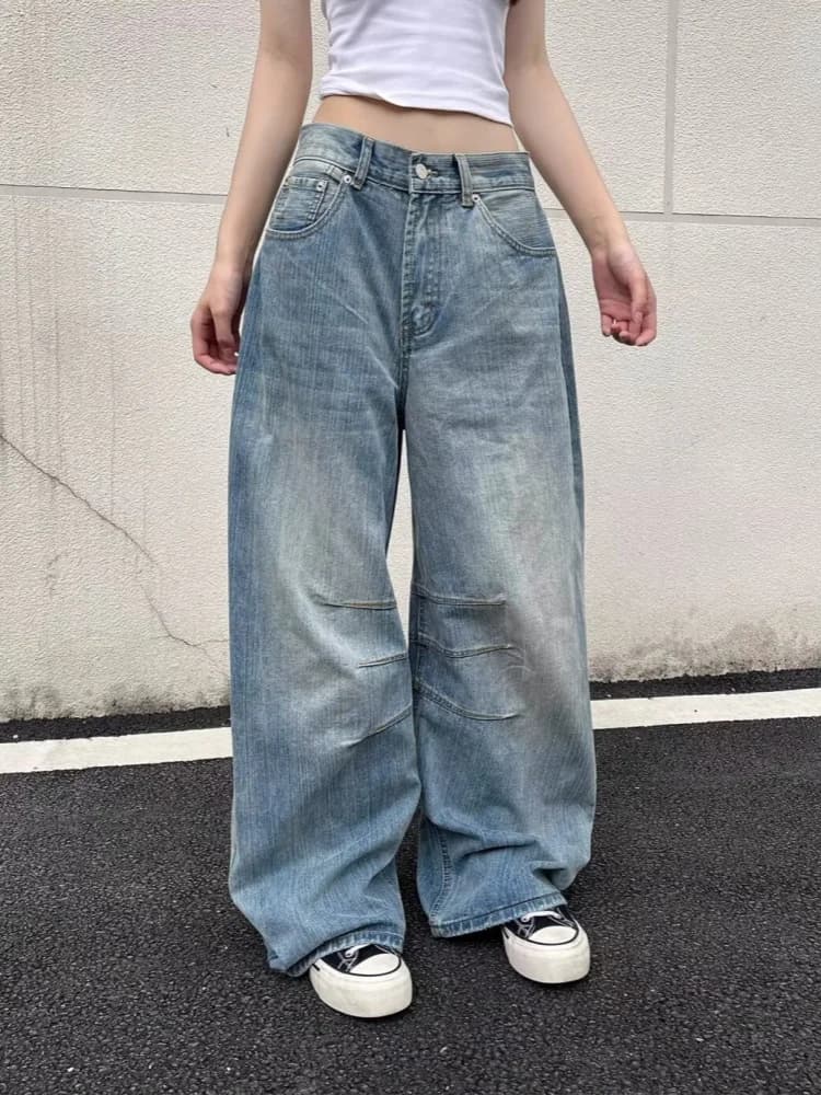 Trashy Y2K 2000S lavé bleu plissé Baggy jean Pantalon pour femmes 90S Vintage vêtements décontracté