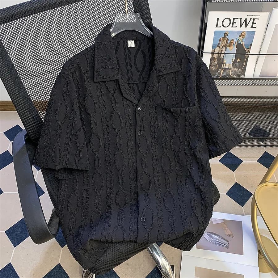 Chemise de plage ample à col cubain texturé à manches courtes pour homme – Tissu mélangé décontracté