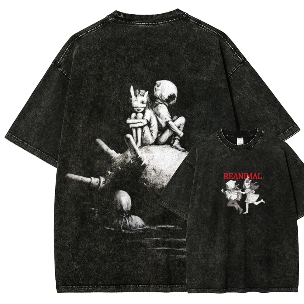 T-shirt délavé REANIMAL pour les amateurs d'anime, vêtements de caractère pour toute l'année, grande