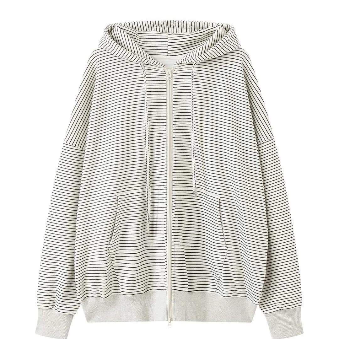 HanOrange 2026 printemps rétro contrasté rayé sweat à capuche avec fermeture éclair femmes Silhouett