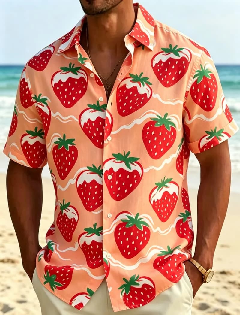 Chemise décontractée à imprimé fruits tropicaux pour hommes, haut respirant, adapté aux vacances d'é
