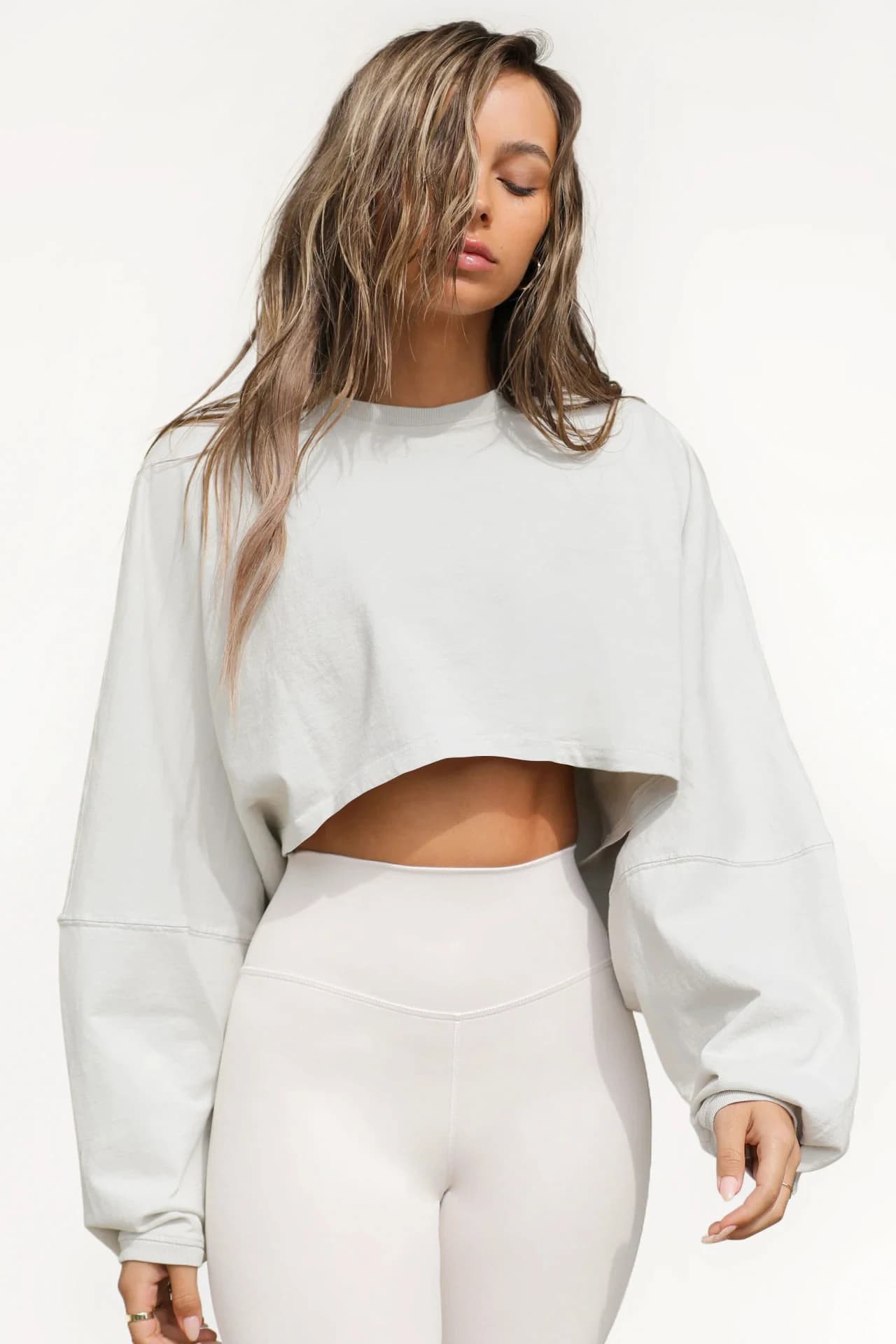 Crop neck hoodie short sports base shirt T-shirt knit shirt long sleeve top for women