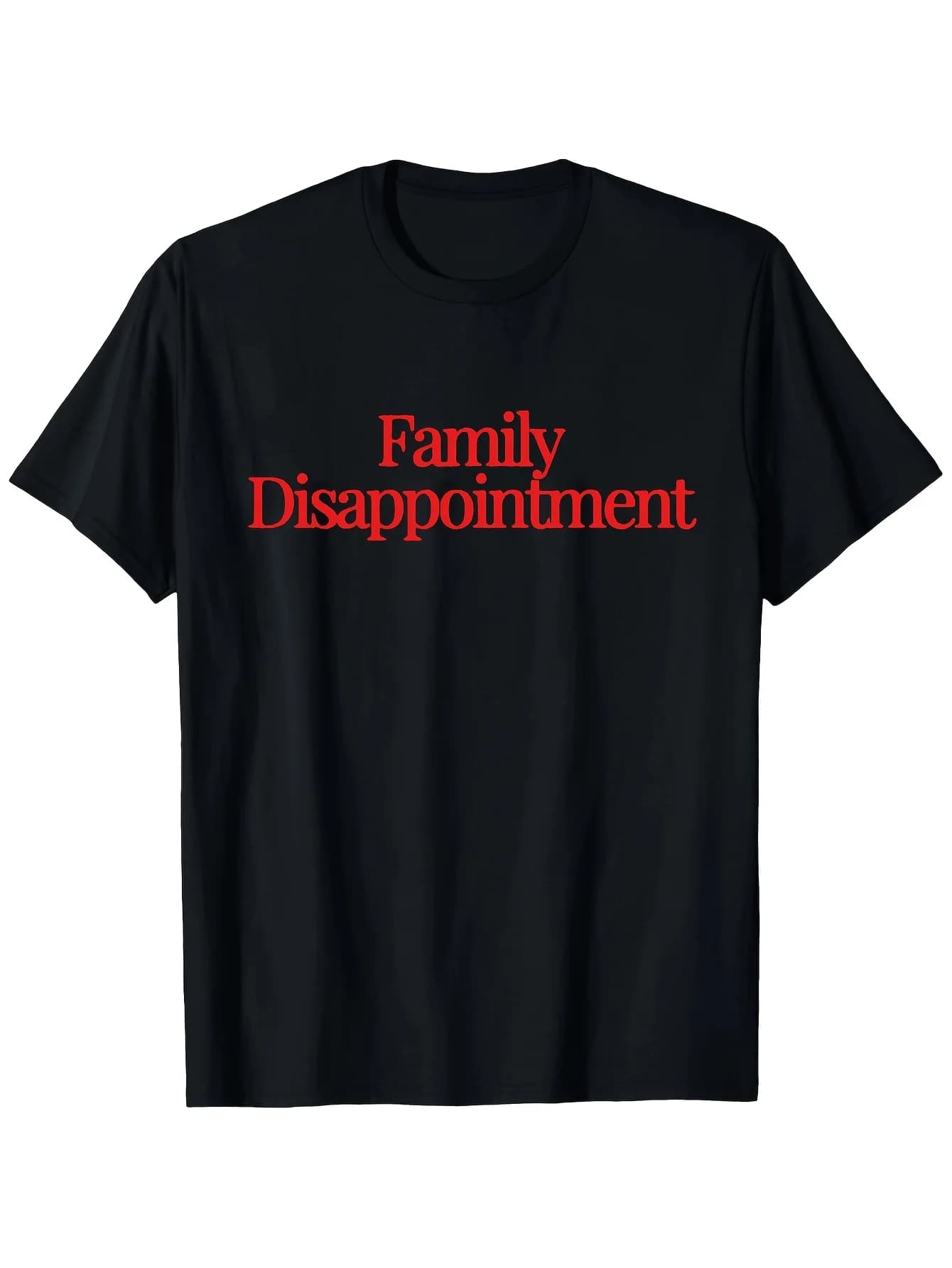 T-shirt graphique « Family Disappointment » avec texte rouge, imprimé minimaliste et sarcaste, style