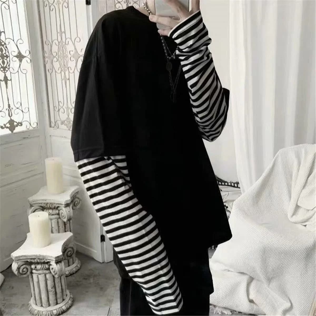 T-shirt patchwork rayé noir pour homme, coupe oversize, hauts pour femme, manches longues unies, T-s