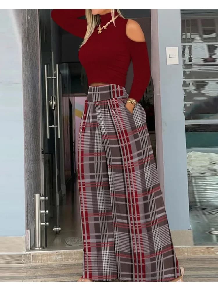 Tenues de vacances décontractées pour femmes, ensemble haut et pantalon large à carreaux, vêtements