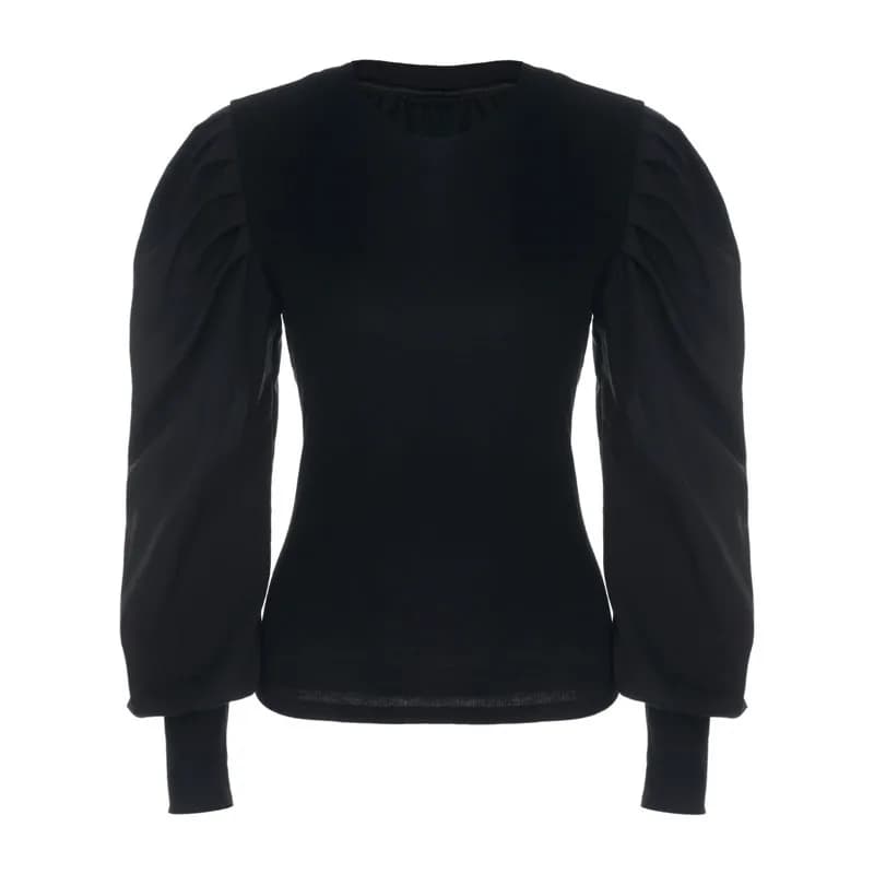 T-shirt à manches longues bouffantes à volants pour femmes, pull slim, pull monochrome, noir et blan