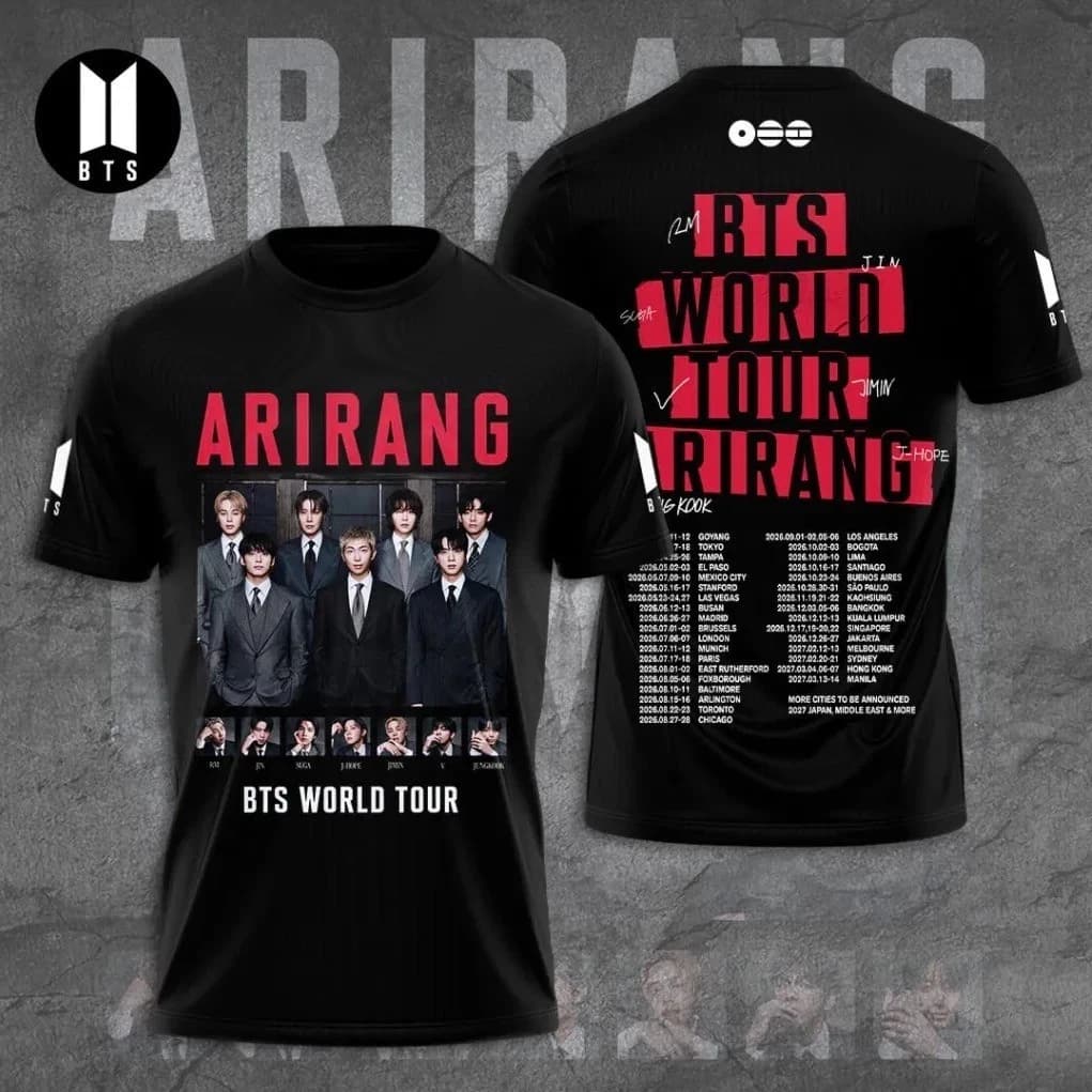 T-shirt BTS World Tour 2026 Arirang AOP, T-shirt de concert Arirang World Tour 2026, T-shirt en coto