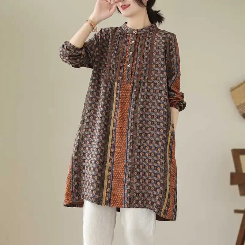 Chemises décontractées pour femmes de style ethnique, imprimé vintage, manches longues, robe chemise