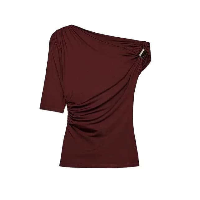 T-shirt en nylon asymétrique coupe ajustée, design élégant et tendance, style urbain pour femme, con
