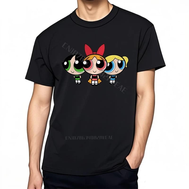 Teeshirts graphique coton T-shirt Powerpuff filles personnages de dessins animés noir couleur unie T