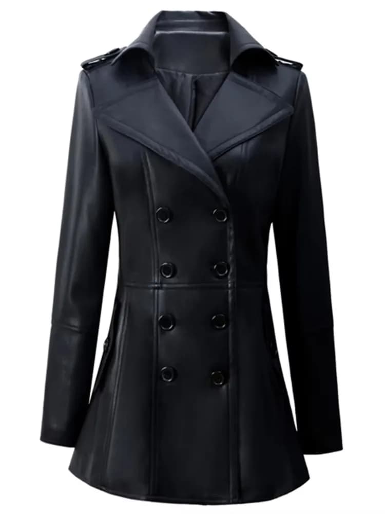 Mauroicardi printemps ajusté jupe noire doux Faux cuir Blazer veste femmes Double boutonnage élégant