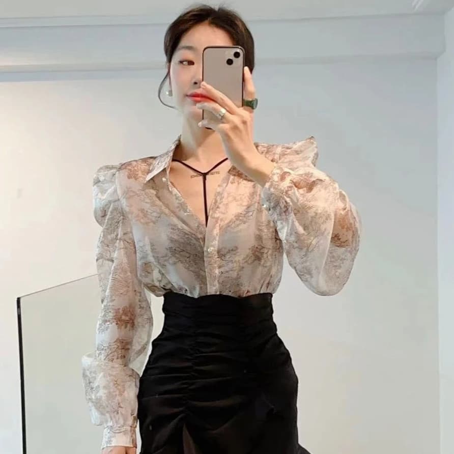 2023 Blusas Mujer De Moda Blouses douces florales pour les femmes manches bouffantes amples col raba