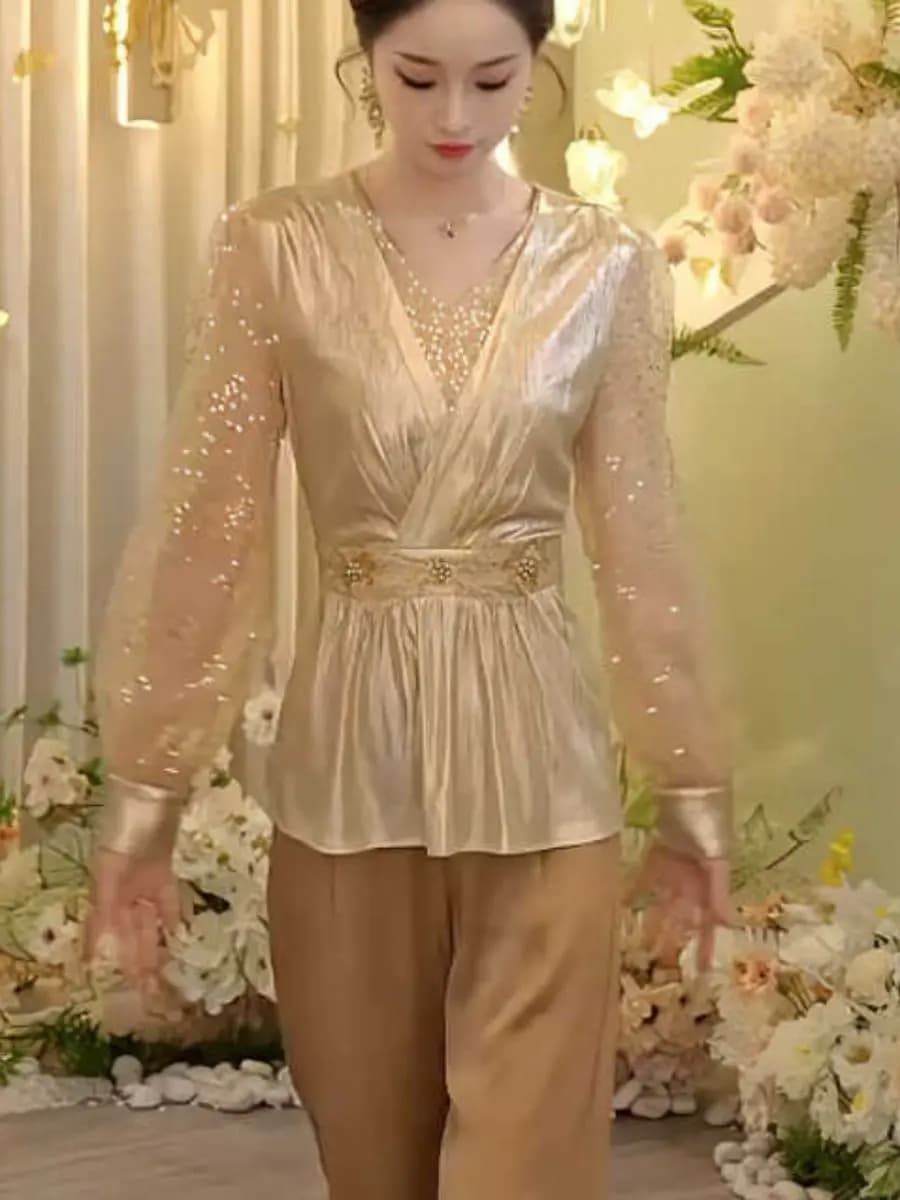 Chemise Champagne Gold pour femmes, haut élégant et polyvalent, mode automne