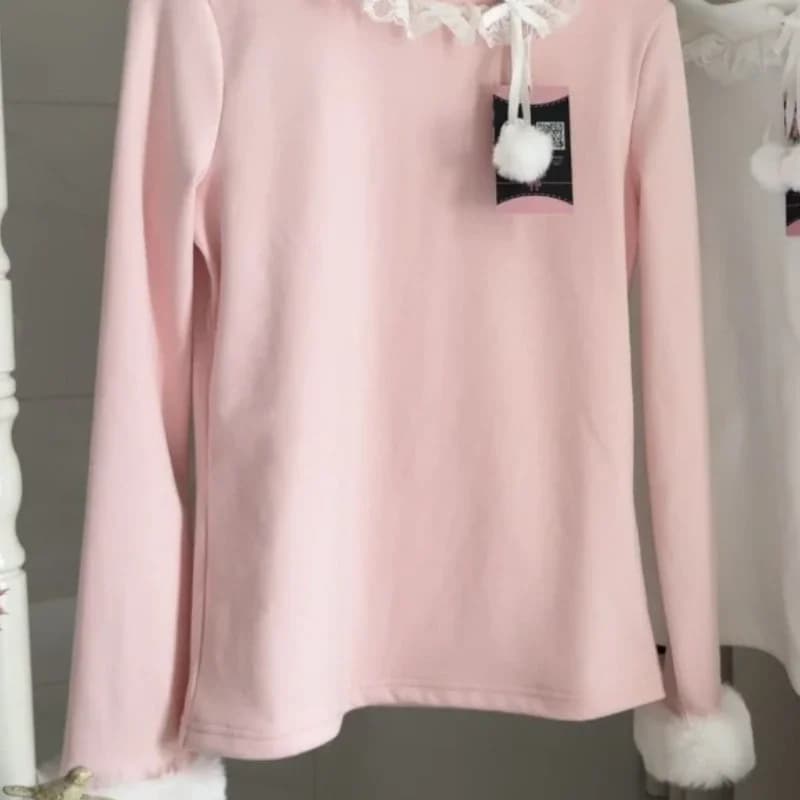 Doux dentelle volants Ropa Mujer 2026 vêtements Femme fourrure épissé à manches longues Pulls Femmes