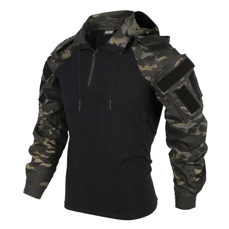 Chemises de combat tactiques pour hommes, manches longues, respirantes, camouflage, à capuche, sécha