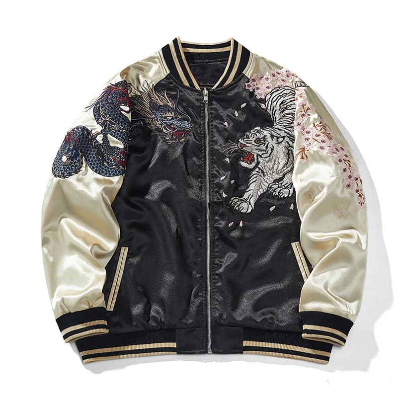 Veste de baseball en satin brodé Sukajan, manteau de printemps pour homme, manches longues, motif ti