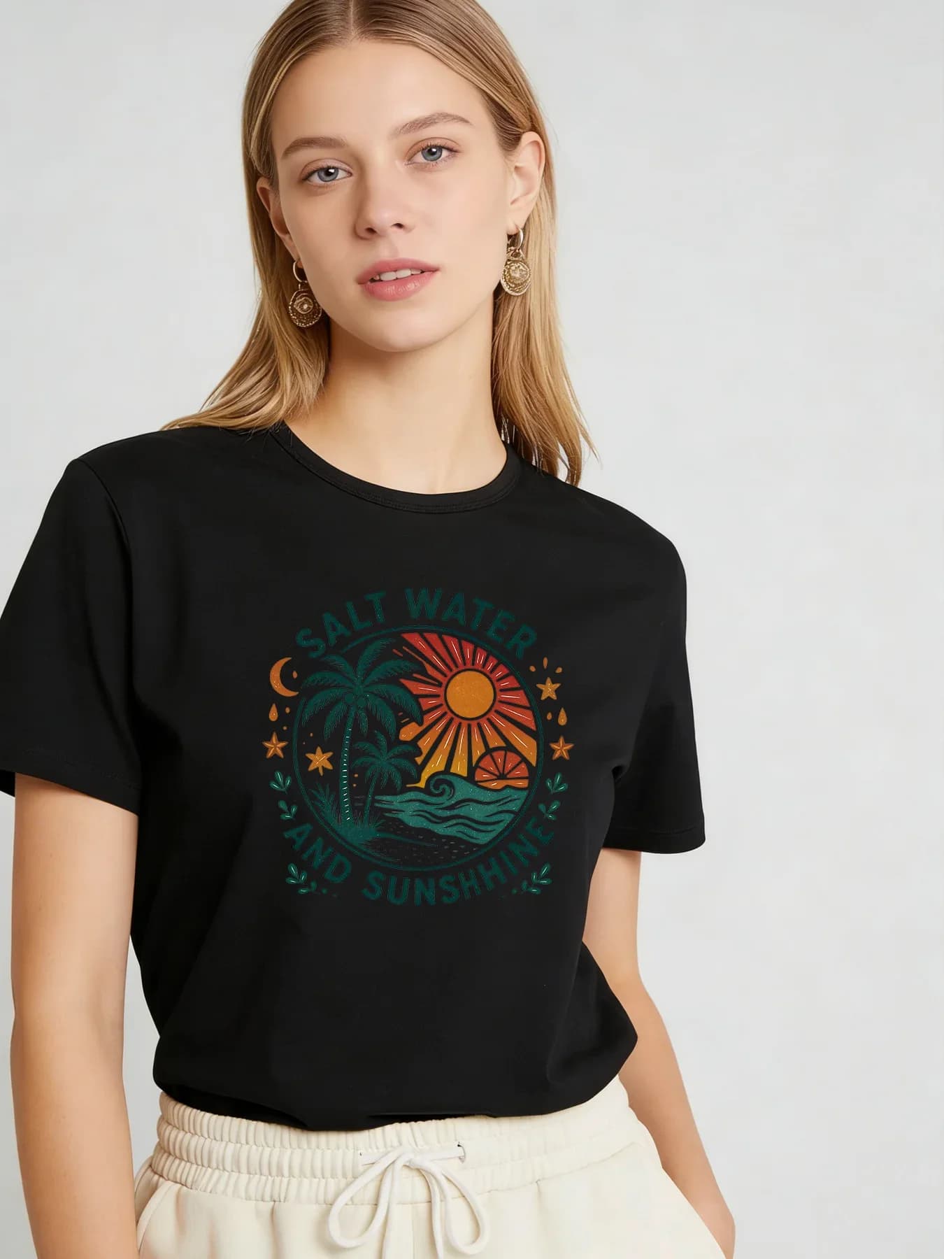 T-shirt pour femme avec motif « Salt Water and Sunshine », décontracté, col rond, manches courtes, p