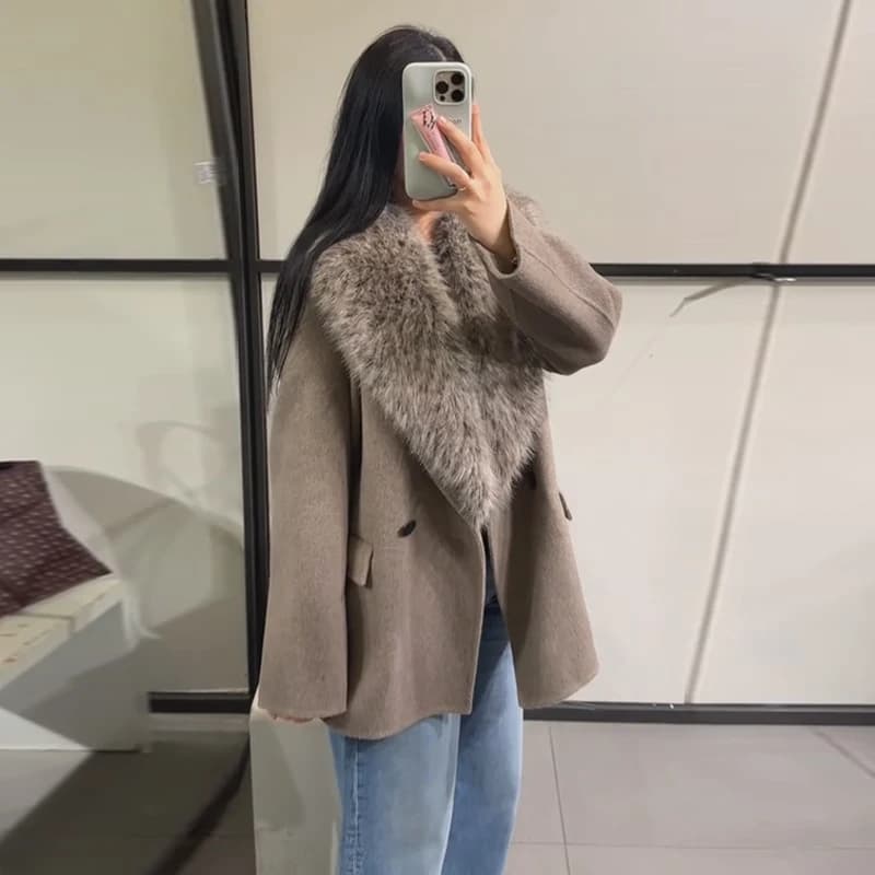 Manteau en laine à col en fourrure détachable, Double boutonnage, manches longues, élégant, vêtement
