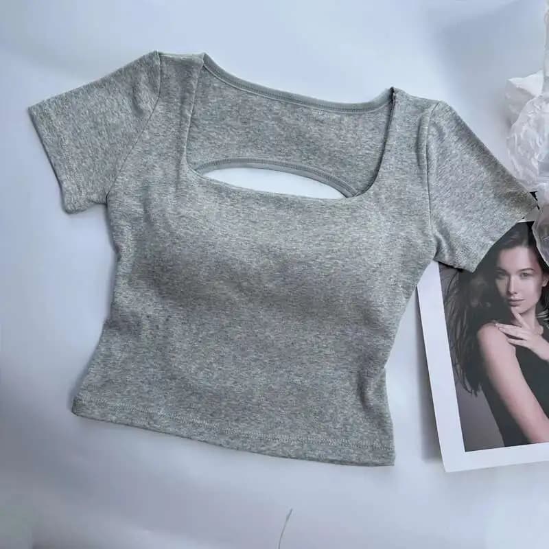 T-shirt femme vêtements encolure carrée hauts à manches courtes haut court avec soutiens-gorge pour