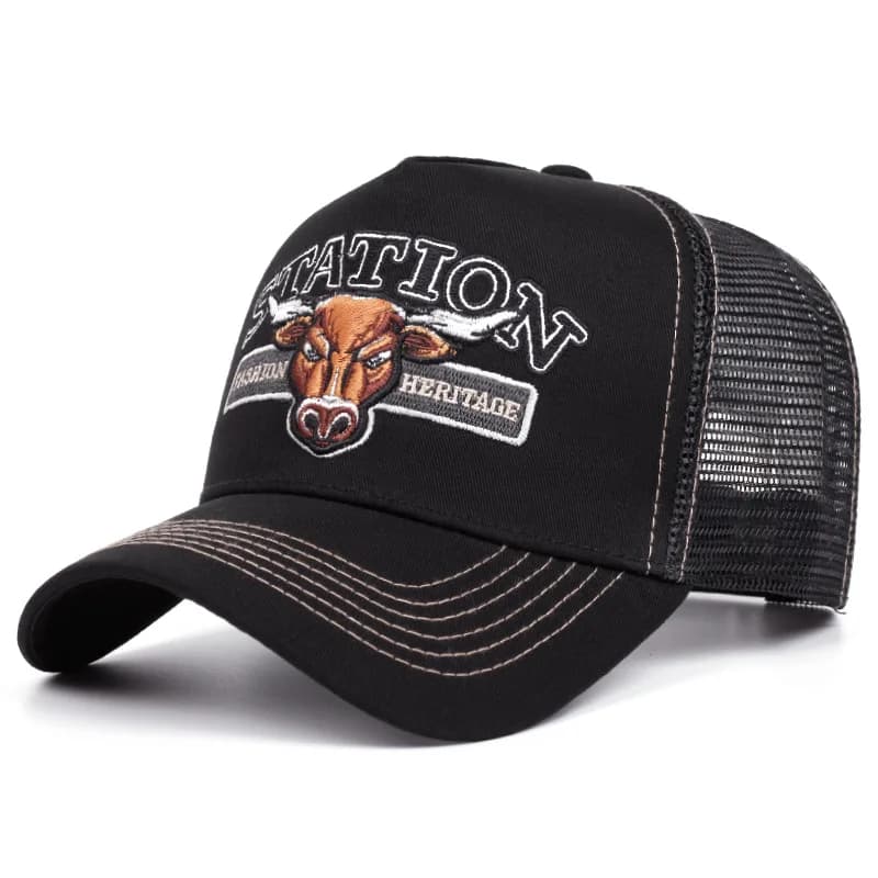 2025 New American Vintage Bull Head Trucker Hat Sun Protection Mesh Breathable Trendy Snapback Cap H