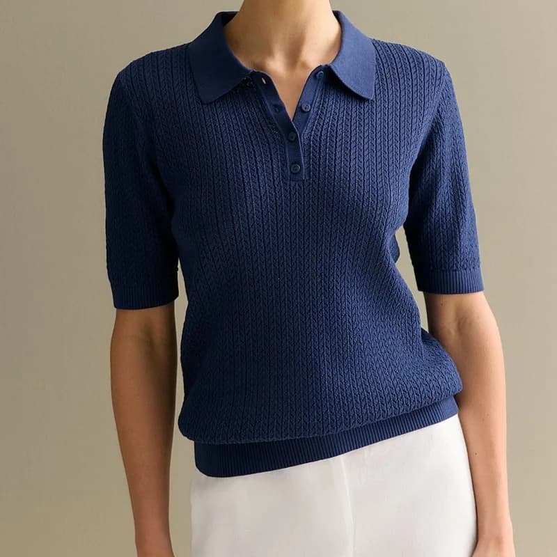 Manches courtes tricoté t-shirt femme été décontracté revers ample solide Ins hauts chauds pull femm