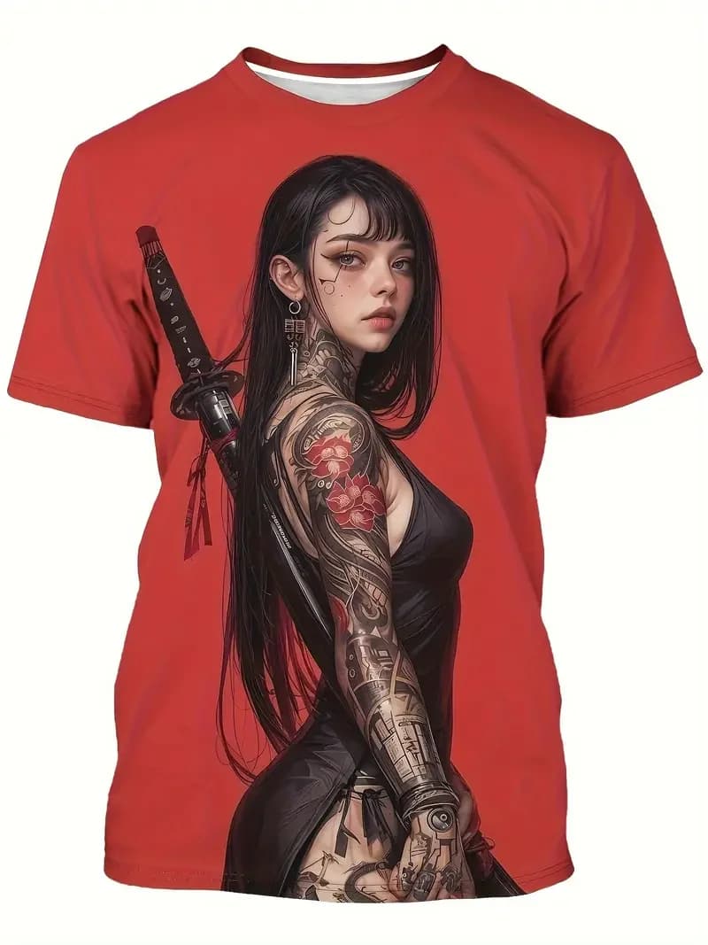 2025 T-Shirt homme Anime samouraï fille impression 3D T-Shirt mode hommes femmes rue tendance haut j