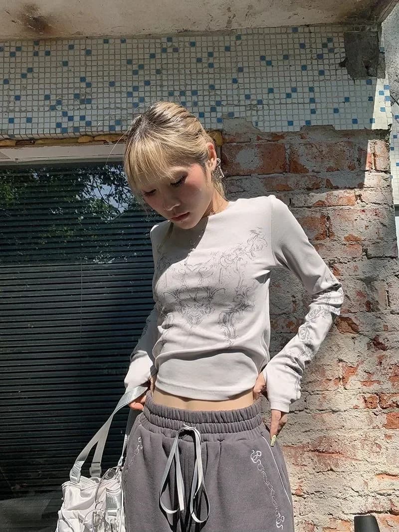 Vêtements vintage pour femmes, t-shirts Y2K 2023, blouses à col rond, manches longues, imprimées, tu