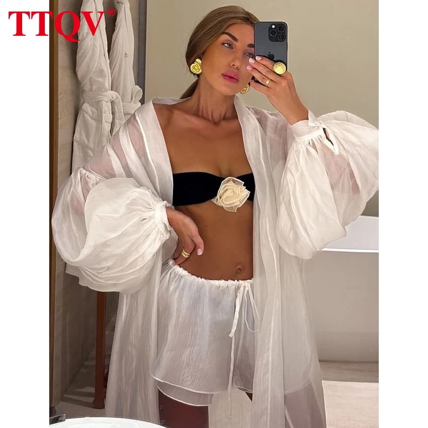 TTQV décontracté ample blanc 2 pièces ensembles femmes tenue 2025 élégant à manches longues Robes av
