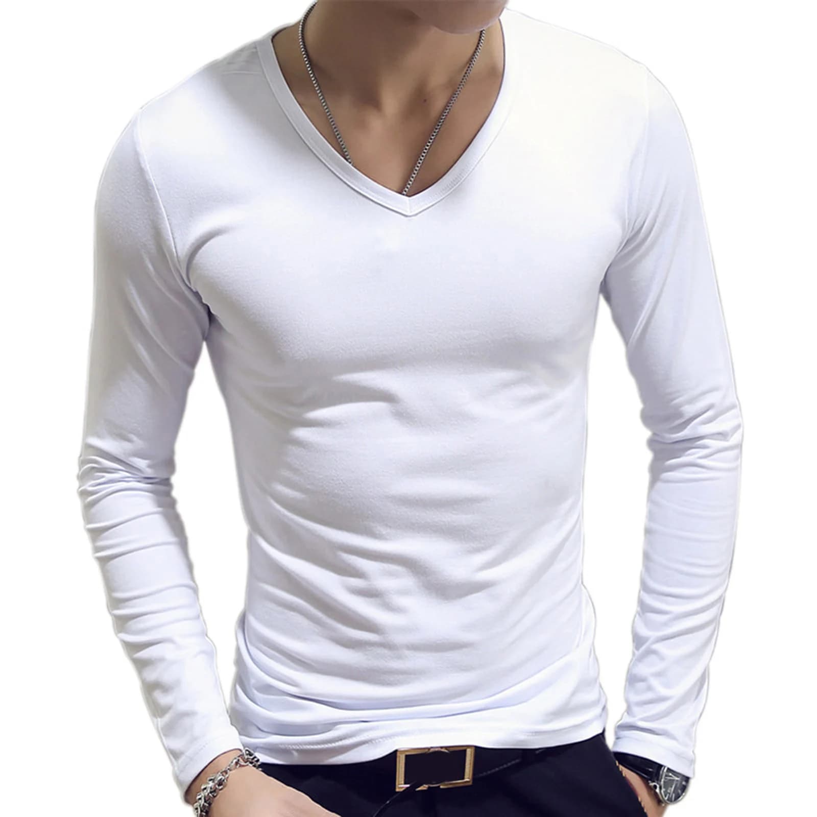 T-shirt Slim Fit à col en V pour hommes, manches longues, style classique simple, maillot de corps d