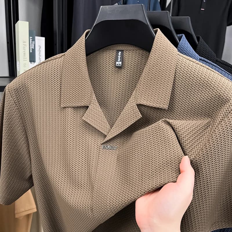 Chemise Polo Homme à Col Cubain Manches Courtes en Tissu Texturé Ananas Respirant Extensible pour l'