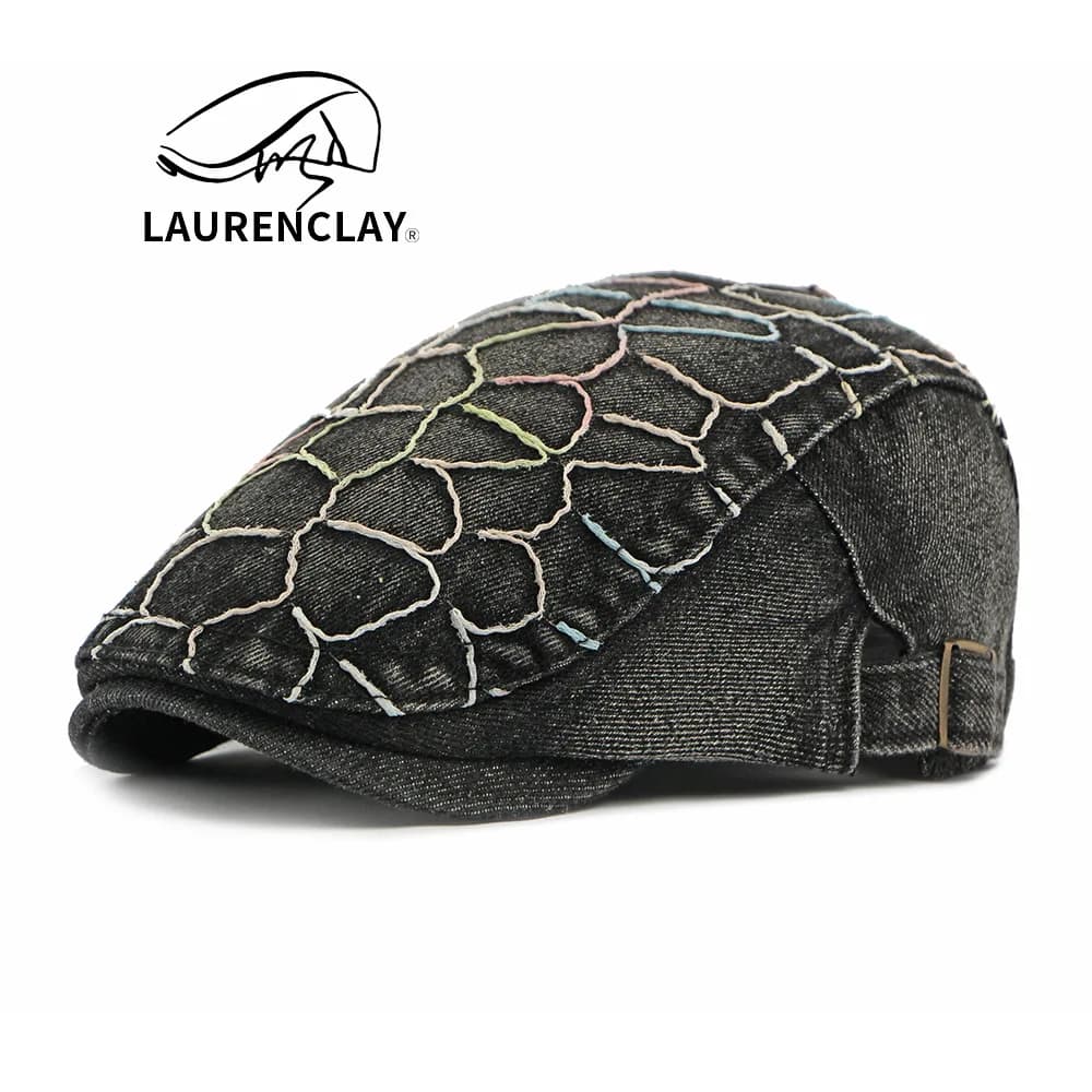 Casquette rétro britannique en denim délavé, casquette unisexe brodée à visière, béret style doux et