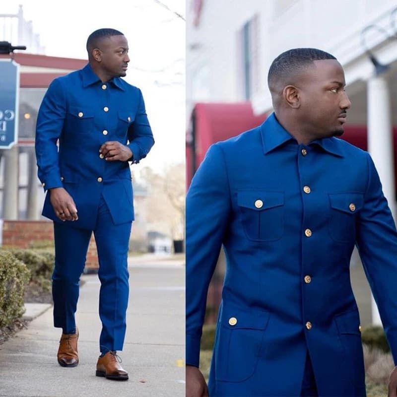 Costume Formel Bleu à Simple Boutonnage pour Homme, Veste et Pantalon à Revers, Coupe Cintrée, Décon