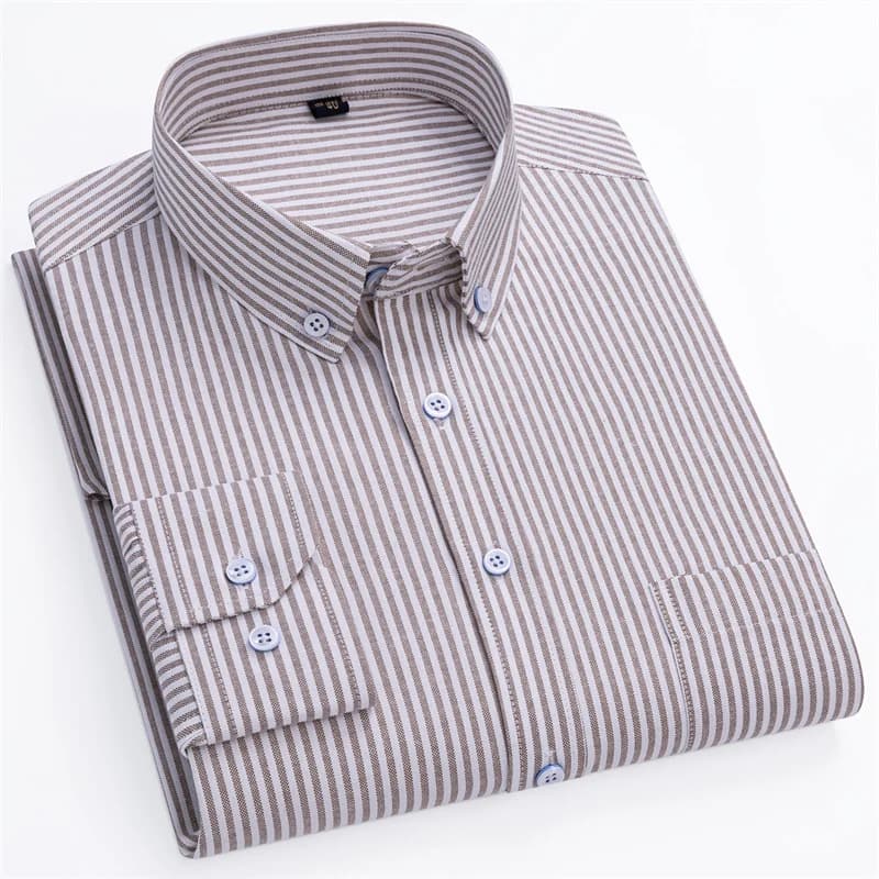 Nouvelle Chemise Oxford Homme Tendance à Manches Longues en Coton Rayé Fin et Doux Coupe Classique F
