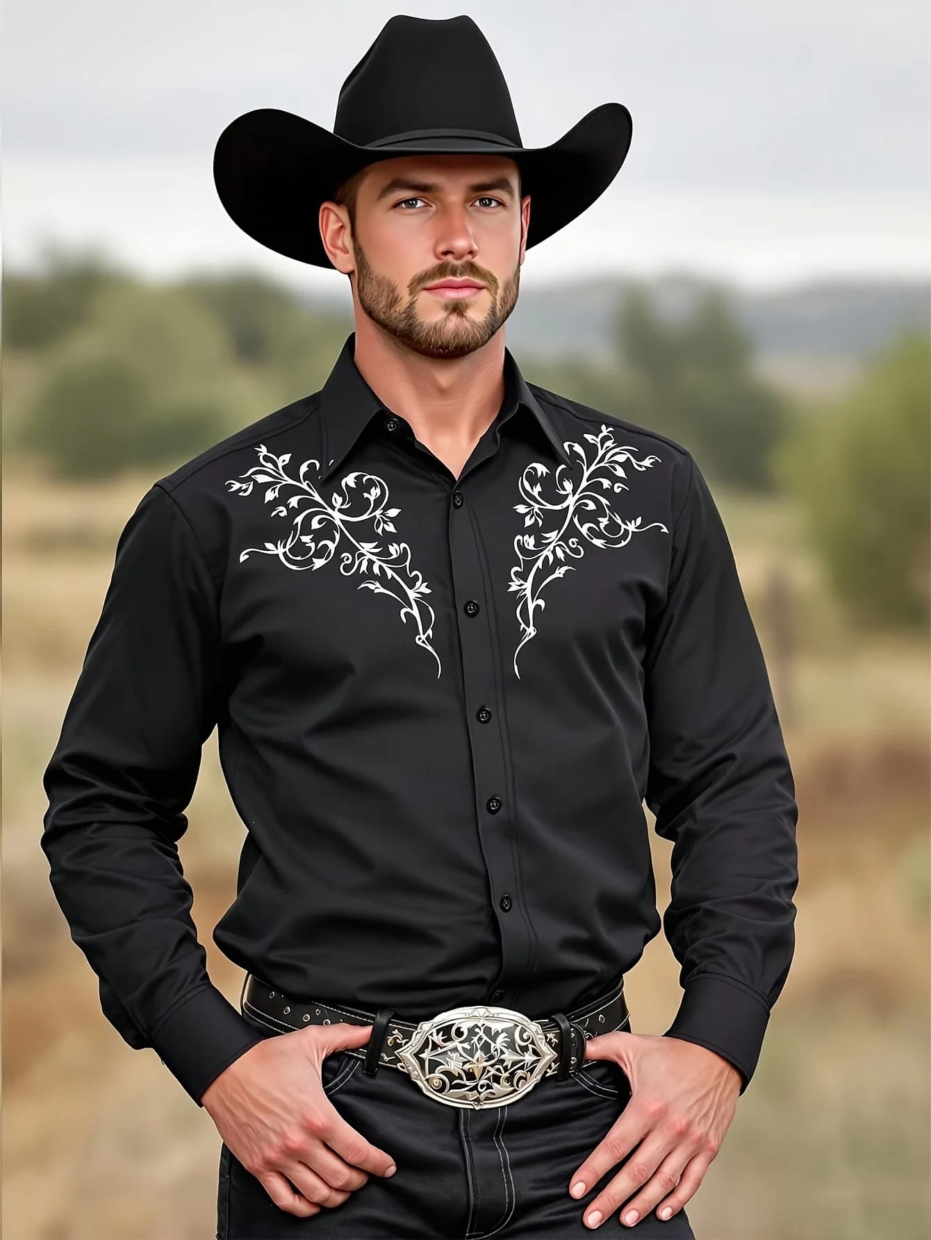 2025 Chemise de cowboy occidentale noire à manches longues pour hommes à motif tribal tenue d'événem