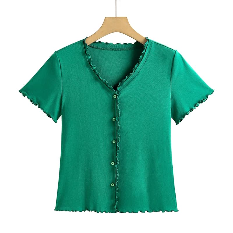 T-shirt à capuche et boutons sur les épaules, col en v, manches courtes, coupe cintrée, décontracté,