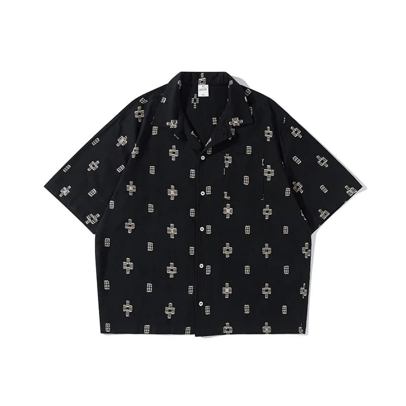 Hommes japonais col cubain décontracté Vintage brodé Jacquard chemise Cityboy ample décontracté Stre
