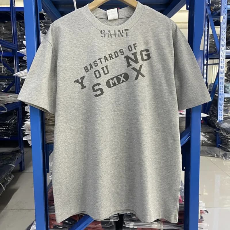 T-shirts Saint en Coton de Haute Qualité, Style Rétro Américain Streetwear, Effet Délavé et Imprimé